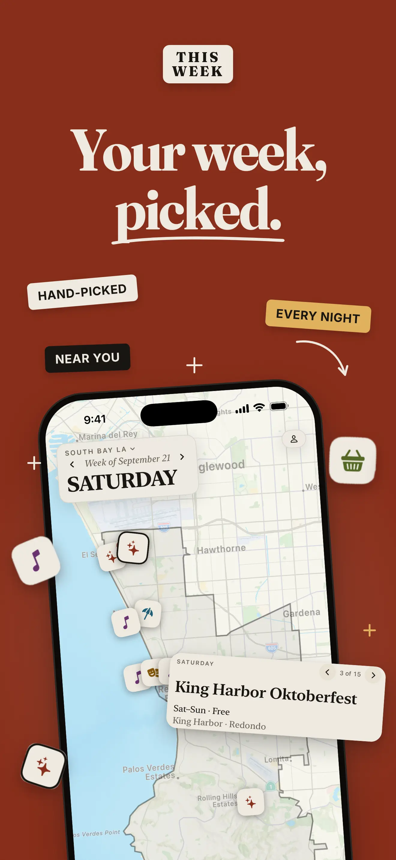 The This Week app open on an iPhone, showing a map of the coast with a card for King Harbor Oktoberfest on Saturday.