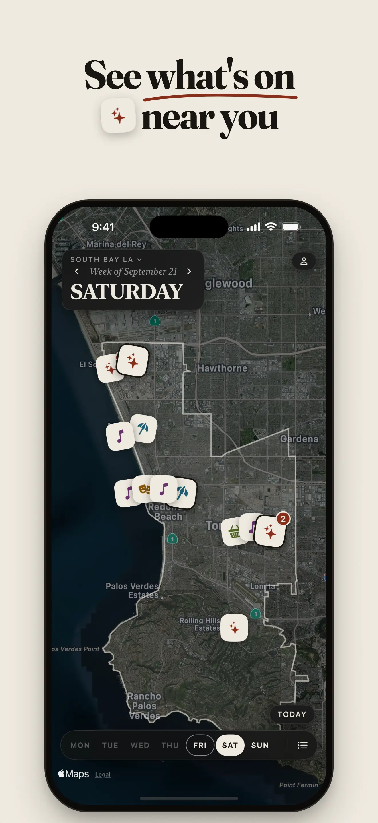 The app's map on Saturday, with small icons for music, markets, and other events spread across the neighborhoods.