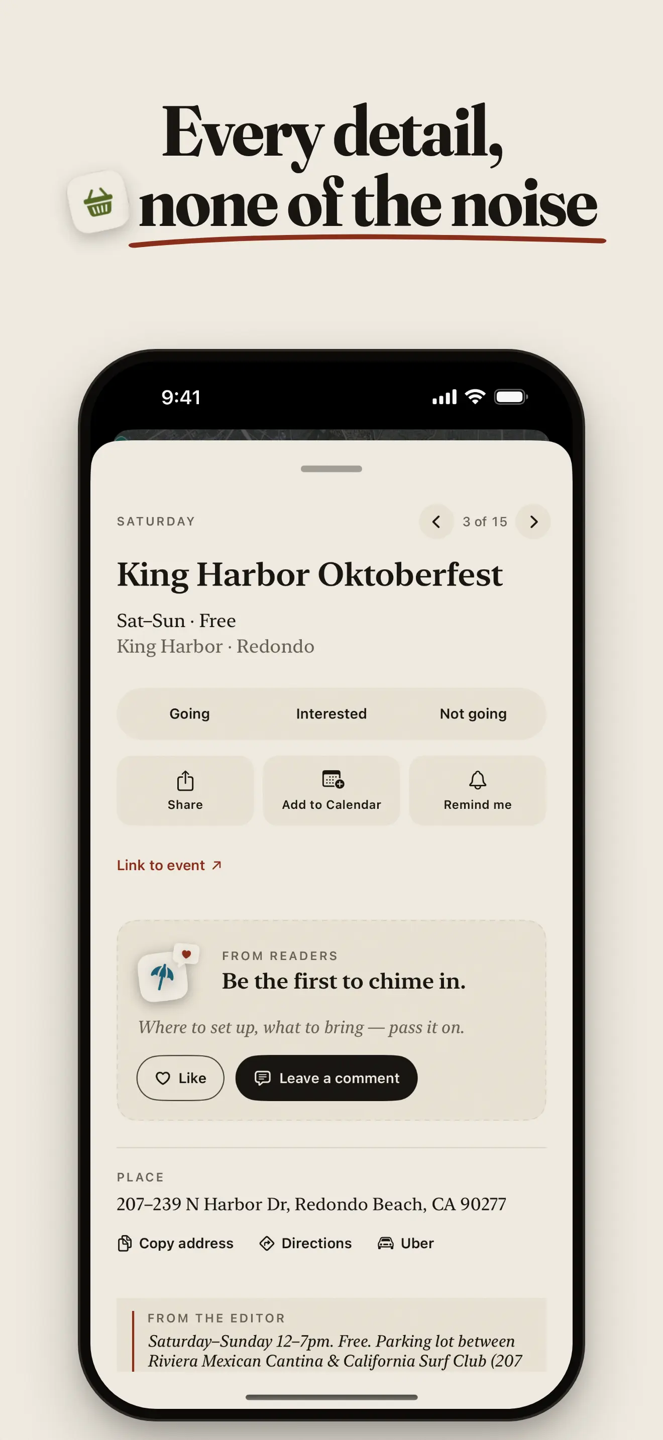 An event page for King Harbor Oktoberfest, showing the dates, the address, and buttons to share, add to calendar, and get a reminder.
