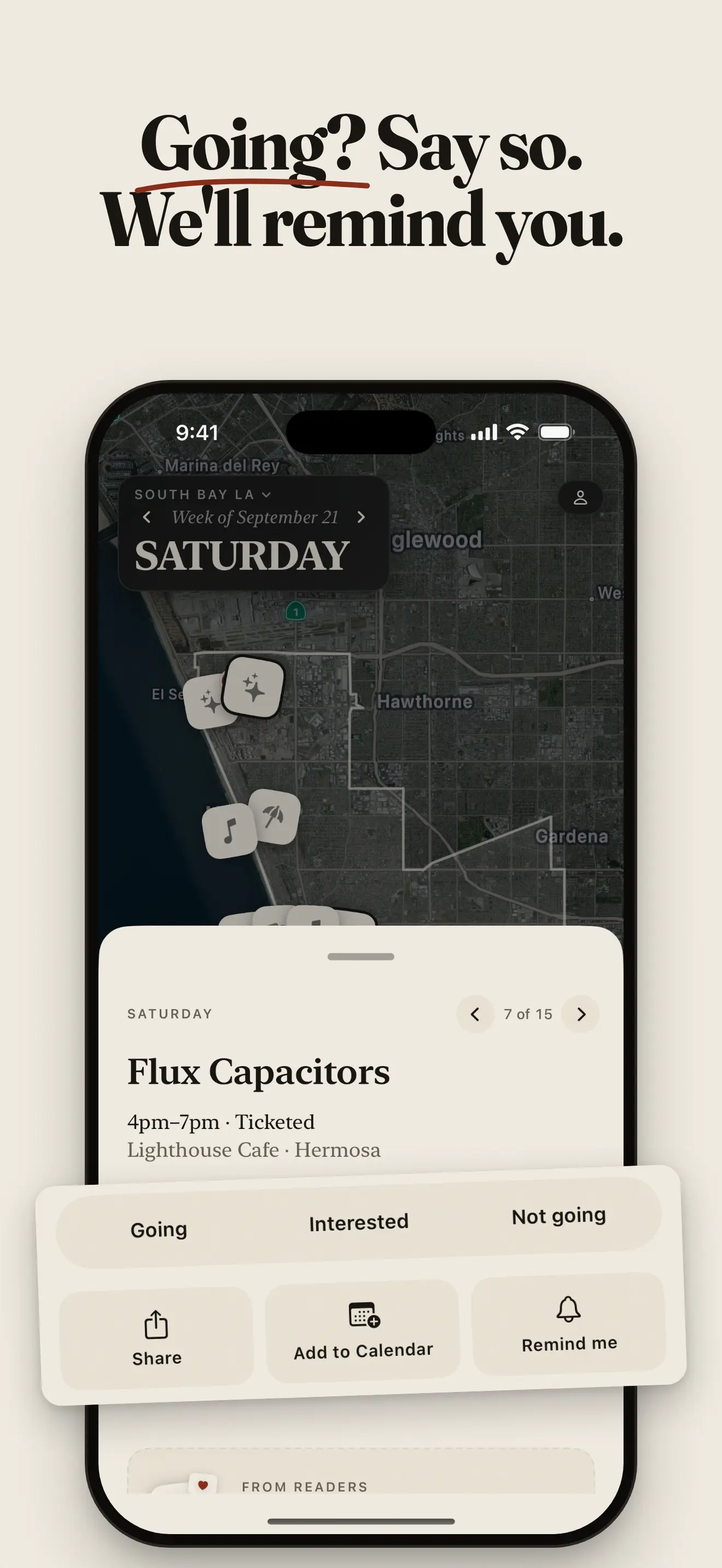 An event page for a Flux Capacitors show, with the choices Going, Interested, and Not going.