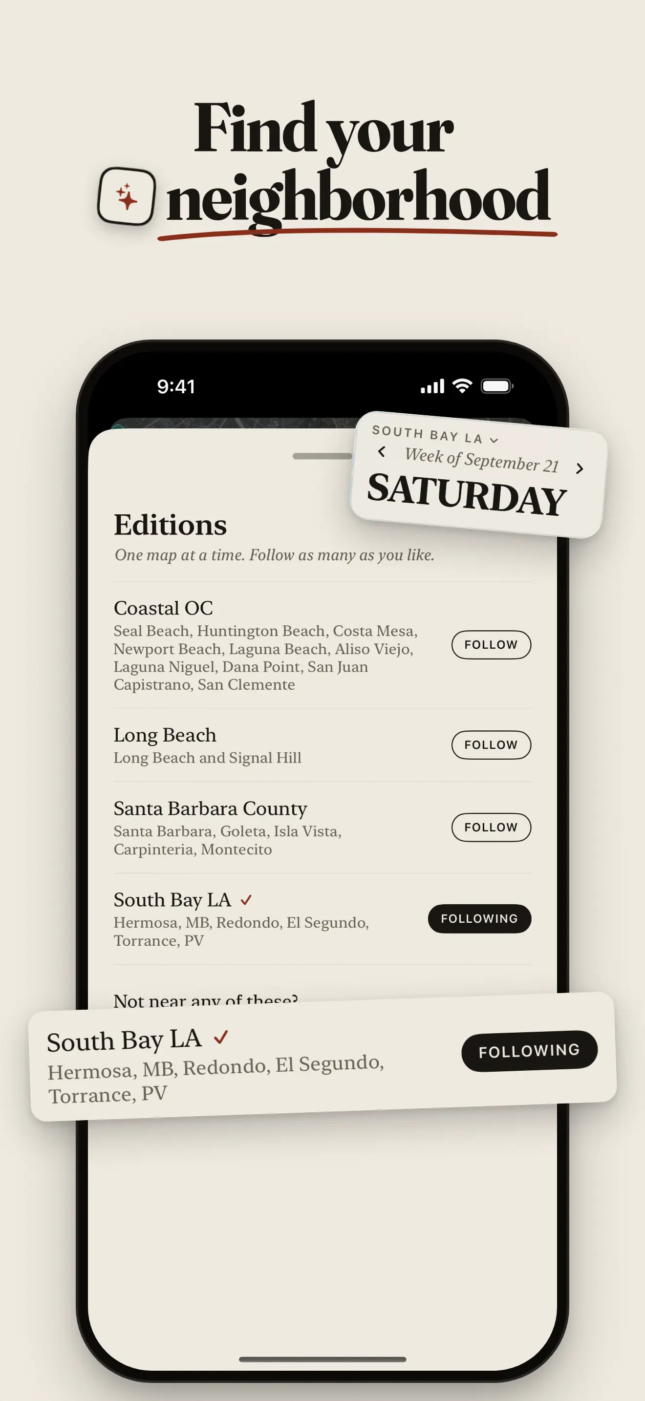 A list of the four areas in the app, each with its towns and a button to follow it.