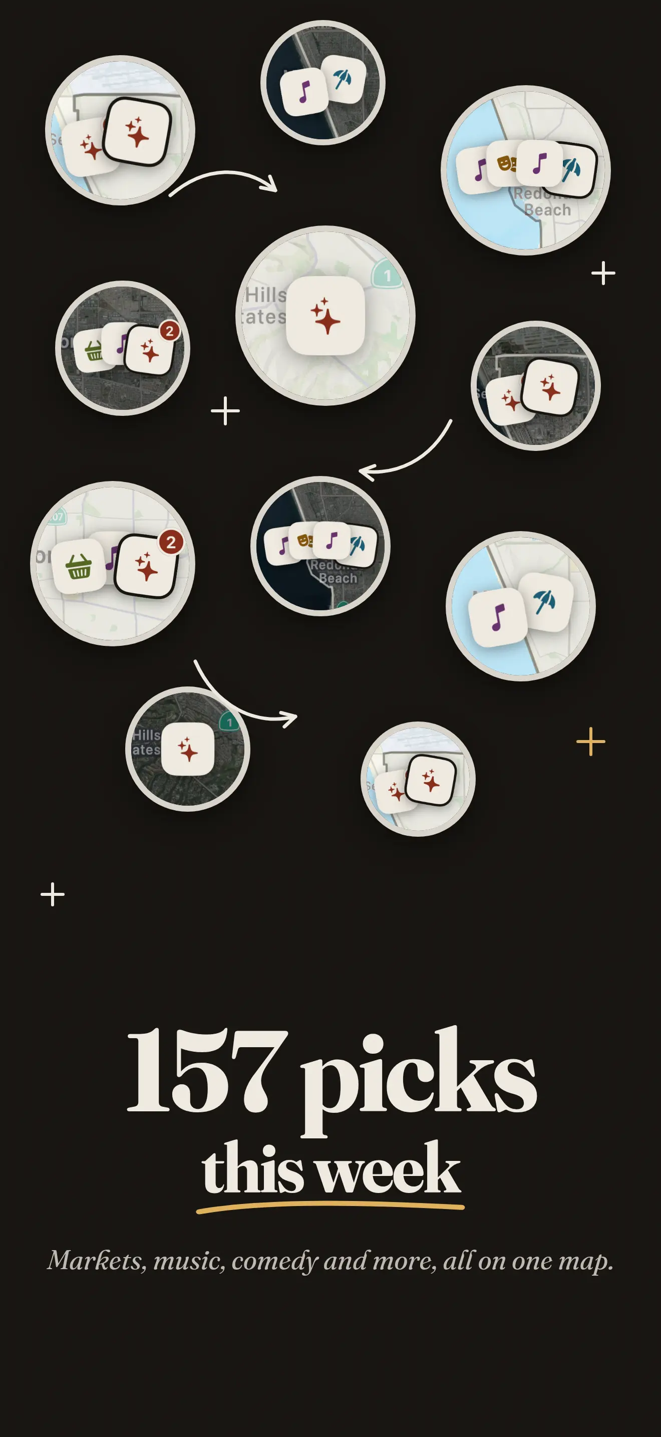 Small circles of map with event icons, above the words 157 picks this week, and markets, music, comedy and more, all on one map.